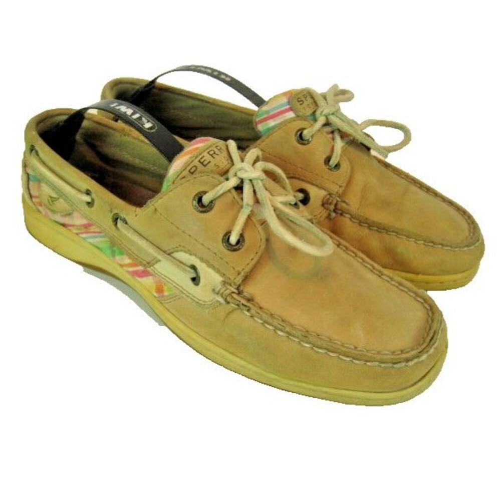 Womens Sperry Topsider Tan Leather Deck Boat Shoes w Plaid Side Panels sz 9M--R1